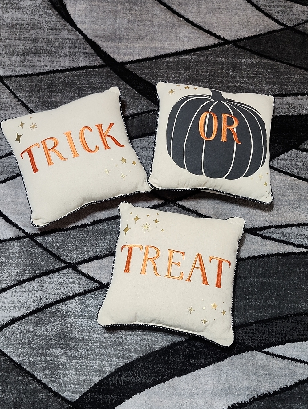 VINTAGE SET-OF-3 HALLOWEEN 12"X12" EMBROIDERED TRICK OR TREAT DECORATIVE PILLOWS